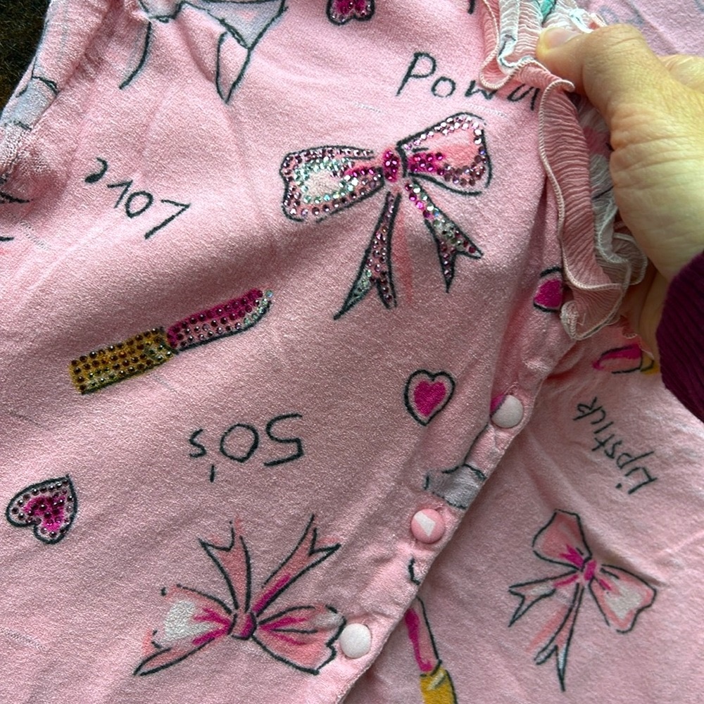 Blumarine Pink Ruffle-Trim Button Cardigan with Bow & Lipstick Print - Picture 4 of 6